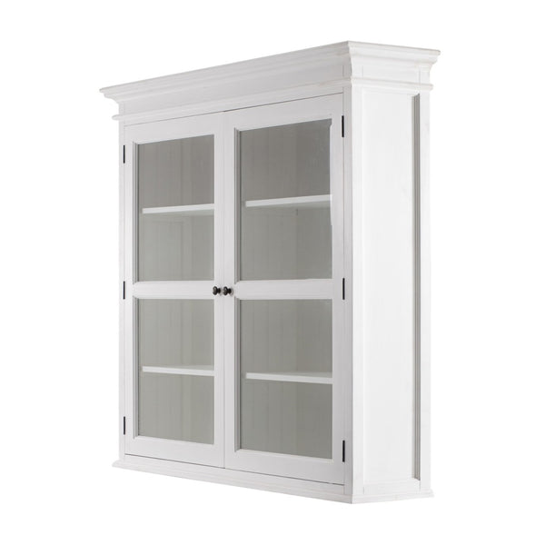 HomeRoots 57" White Solid Wood Frame Dining Hutch – Elegant Storage with Glass Doors & Antique Brass Accents 397834