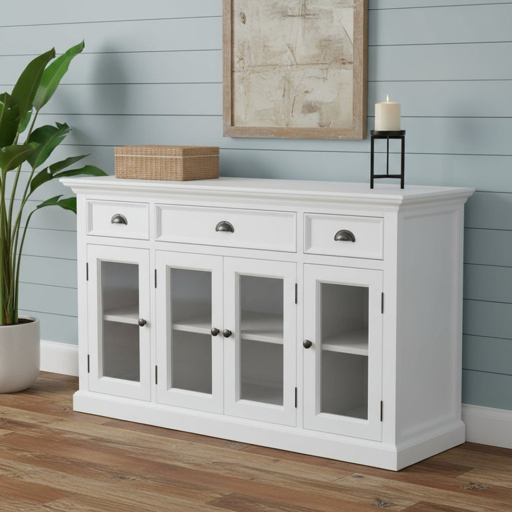 HomeRoots Modern Farmhouse White Buffet Server - Timeless Charm with Glass Doors and Ample Storage Solutions! 397836
