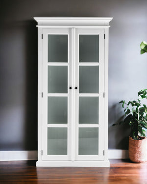 HomeRoots 75" White Wood & Glass Double Door Cabinet - Elegant Storage for Displaying Dinnerware & Decor 397837