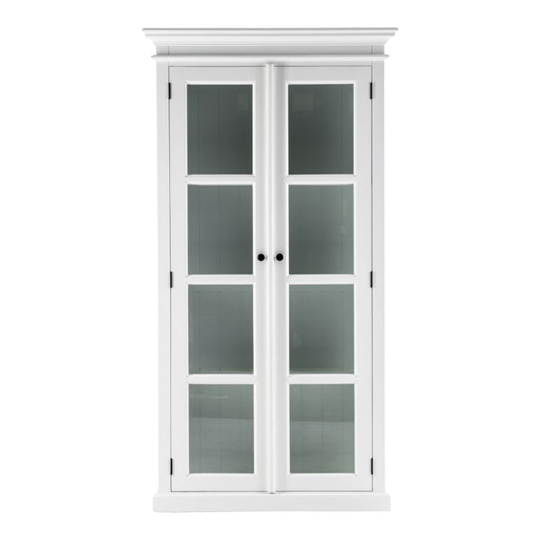 HomeRoots 75" White Wood & Glass Double Door Cabinet - Elegant Storage for Displaying Dinnerware & Decor 397837