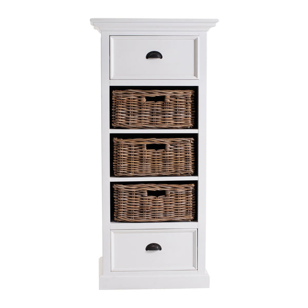 Homeroots 52" White Two Drawer Storage Cabinet With Baskets  Mahogany,Kubu Rattan & Antique Brass Hardware 397848