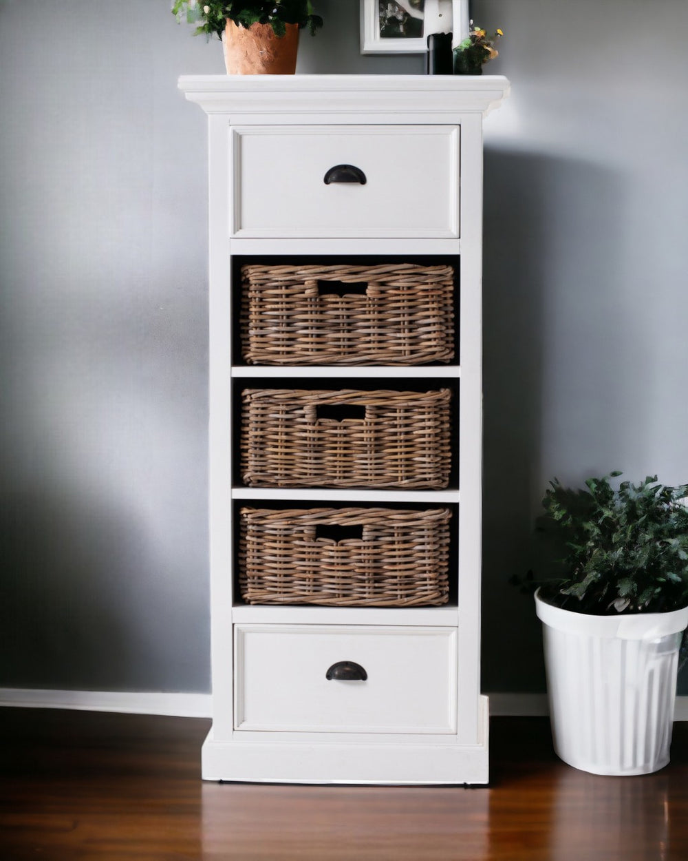 HomeRoots 52" White Two Drawer Storage Cabinet with Woven Baskets – Farmhouse Charm & Versatile Organization 397848