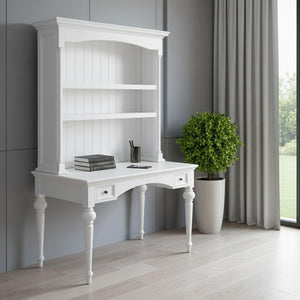 HomeRoots 47" White Solid Wood Computer Desk with Elegant Hutch, Two Drawers & Vintage Farmhouse Charm 397849