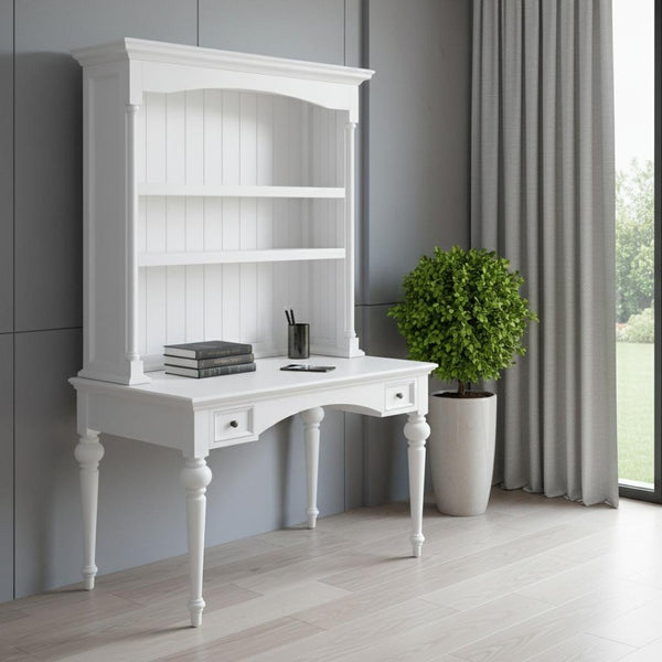 HomeRoots 47" White Solid Wood Computer Desk with Elegant Hutch, Two Drawers & Vintage Farmhouse Charm 397849