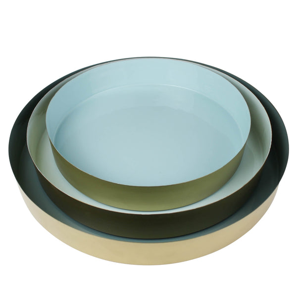 Homeroots Set Of Three Gold And Blue Round Trays   397883