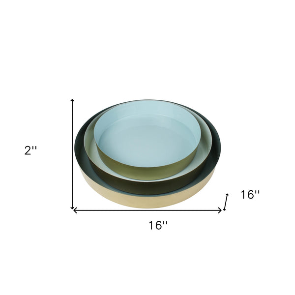 Homeroots Set Of Three Gold And Blue Round Trays   397883