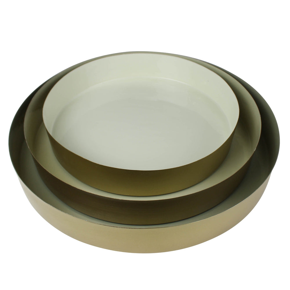 Homeroots Set Of Three Beige And Gold Round Metal Indoor Outdoor Handmade Serving Tray   397884