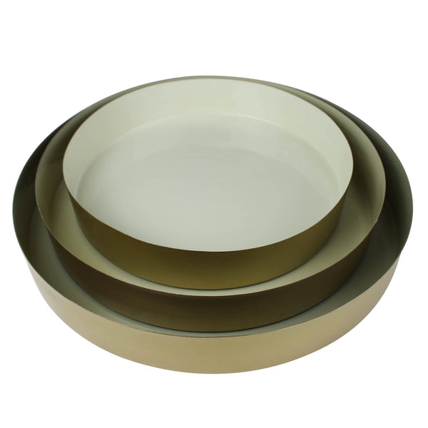Homeroots Set Of Three Beige And Gold Round Metal Indoor Outdoor Handmade Serving Tray   397884
