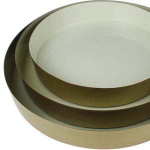 Homeroots Set Of Three Beige And Gold Round Metal Indoor Outdoor Handmade Serving Tray   397884