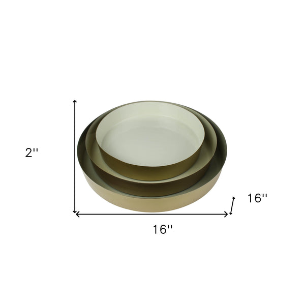 Homeroots Set Of Three Beige And Gold Round Metal Indoor Outdoor Handmade Serving Tray   397884