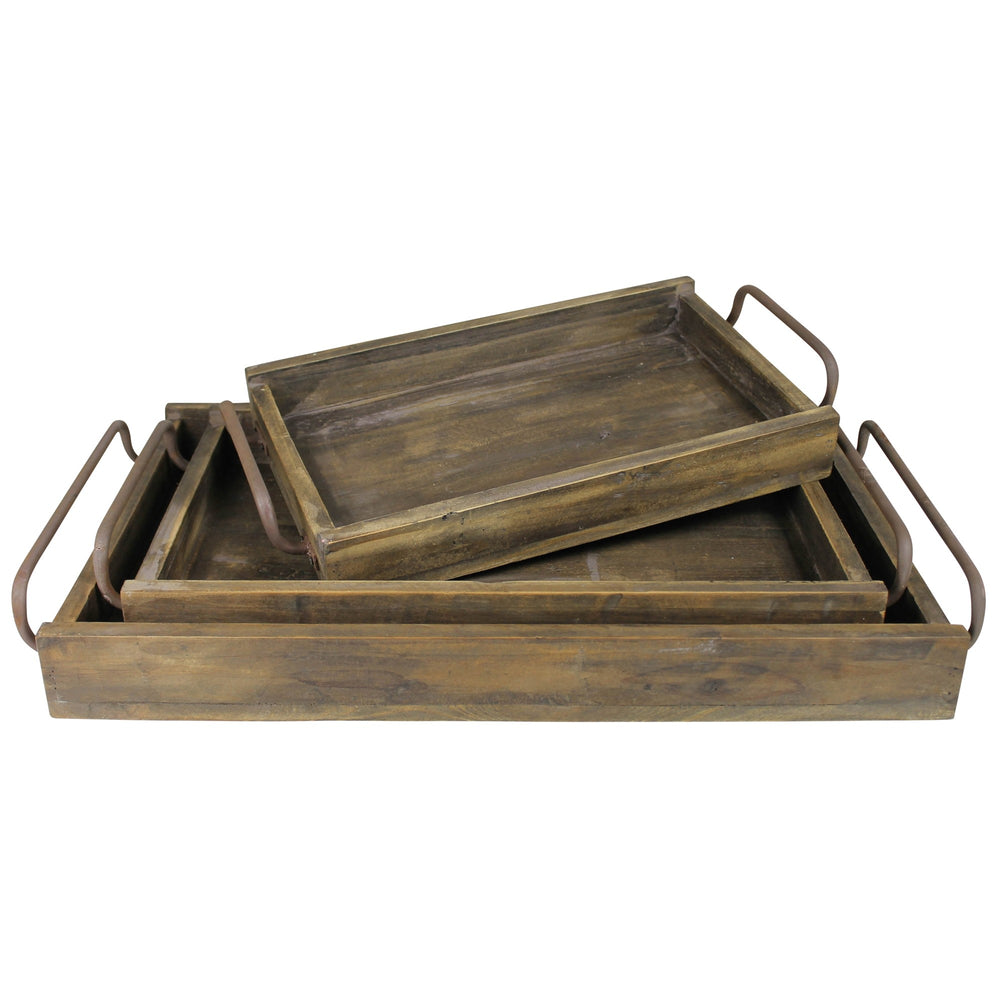 Homeroots Set Of Three Dark Brown Wood Indoor Outdoor Tray With Handles   397888