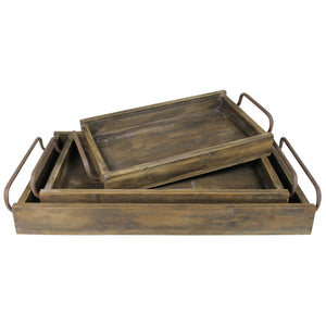 Homeroots Set Of Three Dark Brown Wood Indoor Outdoor Tray With Handles   397888