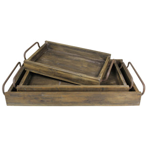 Homeroots Set Of Three Dark Brown Wood Indoor Outdoor Tray With Handles   397888