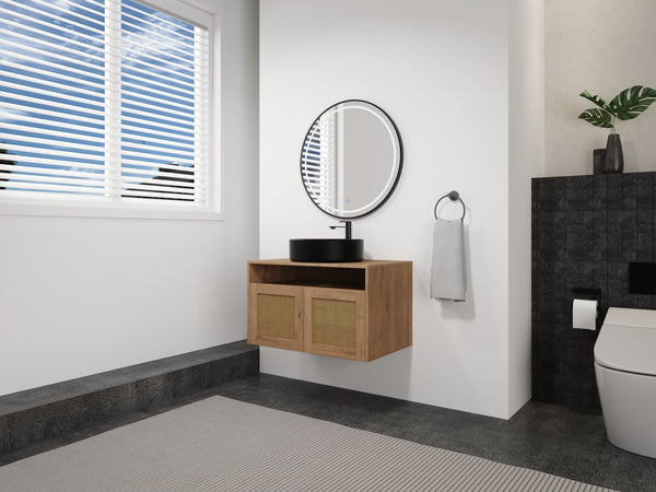 English Elm 30" Modern Wall-Mounted Bathroom Vanity With Black Ceramic Sink, Soft-Close Doors, Oak Finish W999S00398