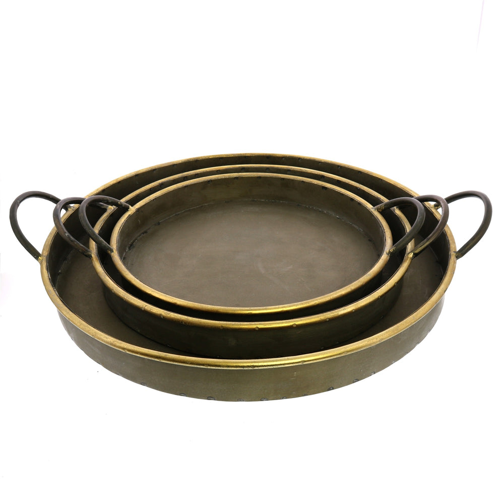 Homeroots Set Of Three Gray And Gold Round Tin Indoor Outdoor Serving Tray With Handles   397903