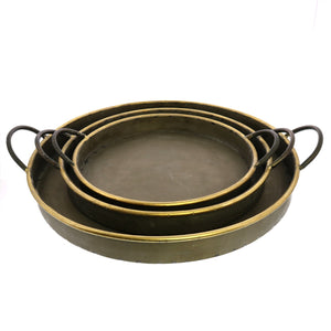 Homeroots Set Of Three Gray And Gold Round Tin Indoor Outdoor Serving Tray With Handles   397903