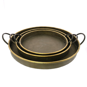 Homeroots Set Of Three Gray And Gold Round Tin Indoor Outdoor Serving Tray With Handles   397903