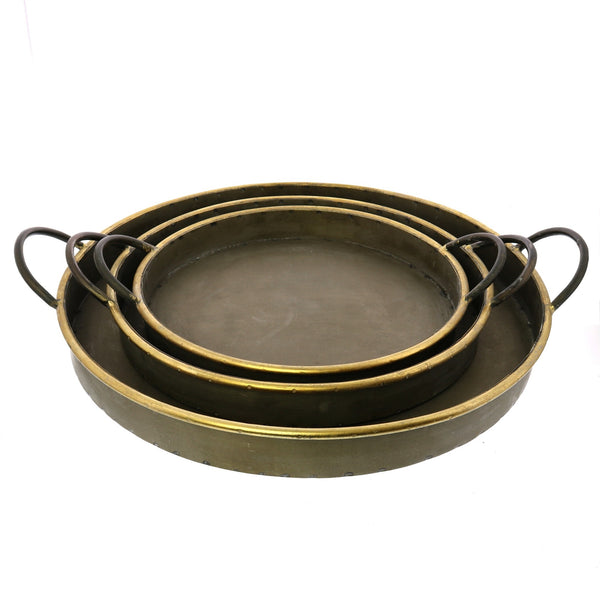 Homeroots Set Of Three Gray And Gold Round Tin Indoor Outdoor Serving Tray With Handles   397903