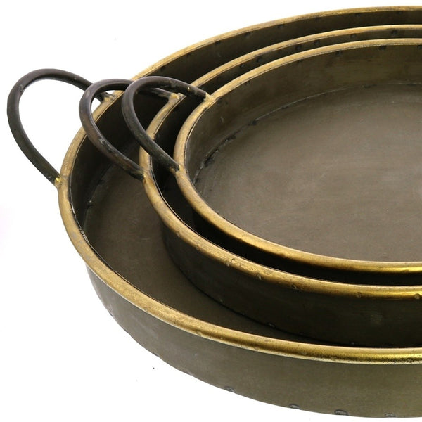 Homeroots Set Of Three Gray And Gold Round Tin Indoor Outdoor Serving Tray With Handles   397903