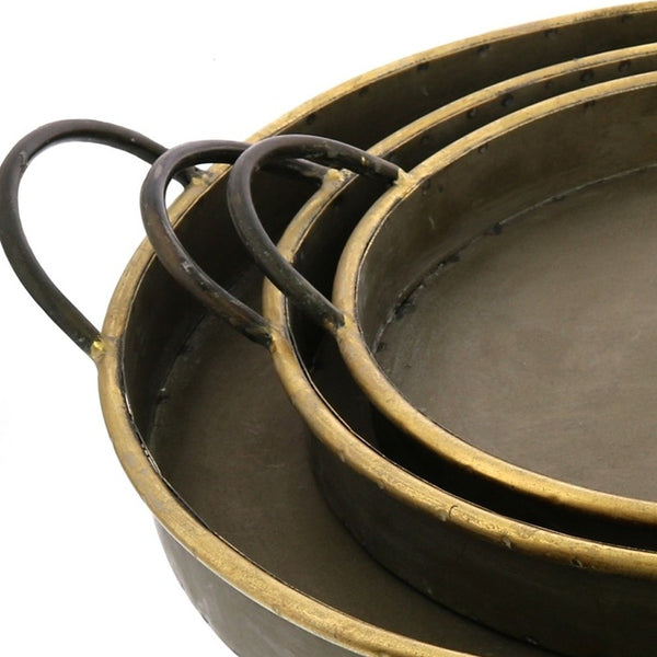 Homeroots Set Of Three Gray And Gold Round Tin Indoor Outdoor Serving Tray With Handles   397903
