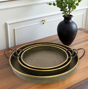 Homeroots Set Of Three Gray And Gold Round Tin Indoor Outdoor Serving Tray With Handles   397903