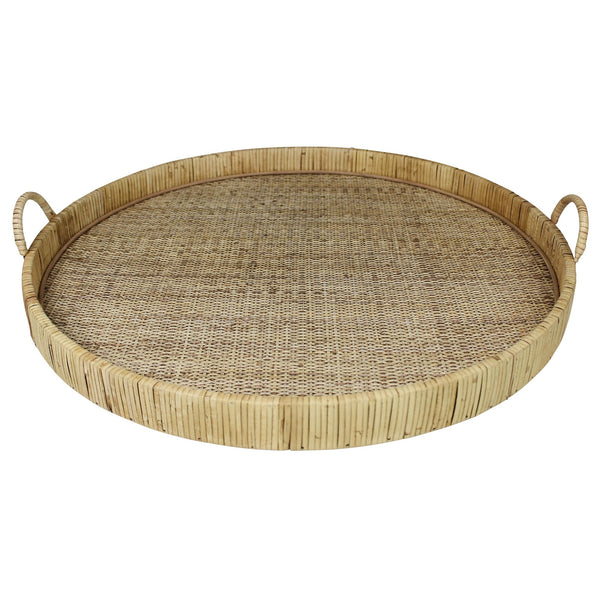 Homeroots 24" Natural Round Earthenware Indoor Outdoor Tray With Handles   397908