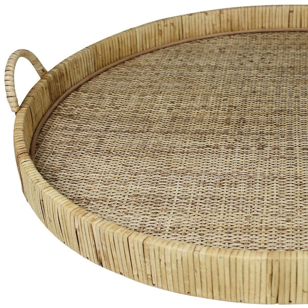 Homeroots 24" Natural Round Earthenware Indoor Outdoor Tray With Handles   397908