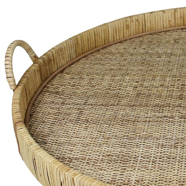 Homeroots 24" Natural Round Earthenware Indoor Outdoor Tray With Handles   397908