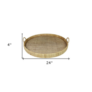 Homeroots 24" Natural Round Earthenware Indoor Outdoor Tray With Handles   397908