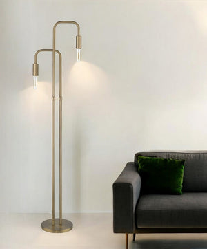 HomeRoots 63" Elegant Two-Light Torchiere Floor Lamp - Mid-Century Charm, Brass Finish, Perfect for Any Room 397931