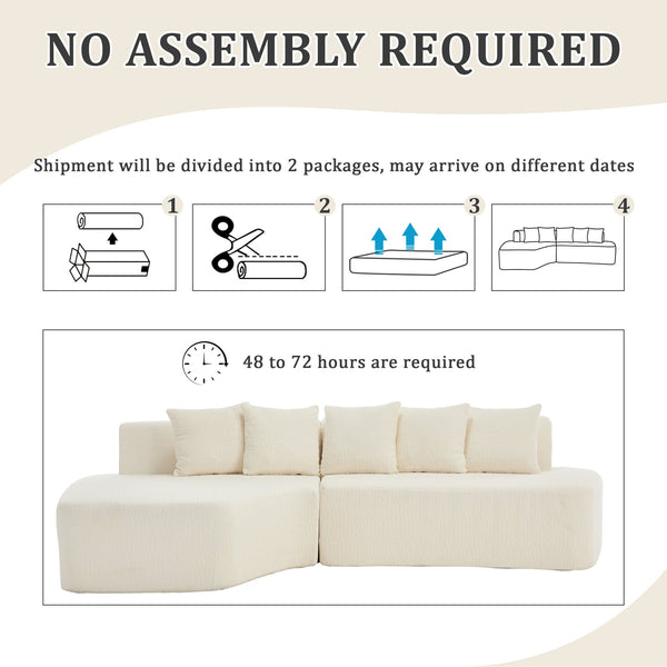 English Elm Compression Sectional Couch with Corduroy Upholstery, Deep-Seated Modular L-Shaped Sleeper Sofa, No-Assembly Comfort and Stability White W1249S00006