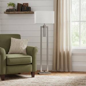 HomeRoots 64" Nickel Floor Lamp with White Rectangular Shade - Elegant & Dimmable Lighting for Any Décor 397943
