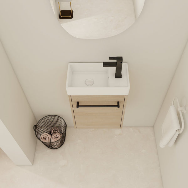 English Elm 16'' Floating Wall-Mounted Bathroom Vanity with Ceramic Basin, Soft-Close Door, Water-Resist Finish Light Oak W999P236336