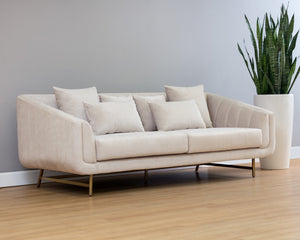 Sunpan Veera Sofa - Luxurious Mid-Century Modern Design with Channel Tufting and Antique Brass Feet Polo Club Muslin