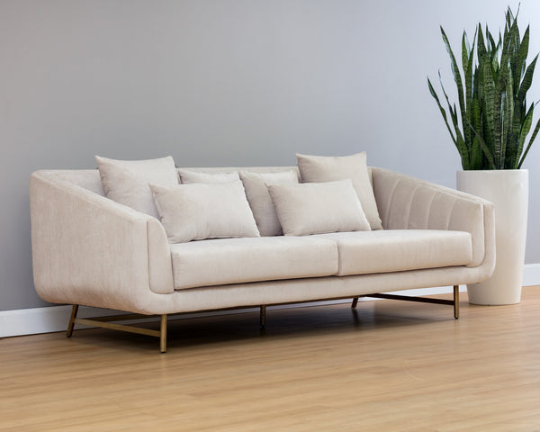 Sunpan Veera Sofa - Luxurious Mid-Century Modern Design with Channel Tufting and Antique Brass Feet Polo Club Muslin