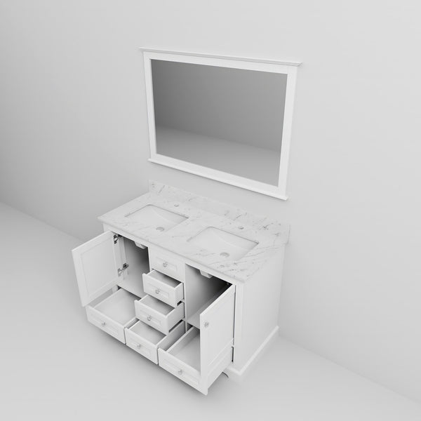 English Elm White Double Bath Vanity 48 in. with Carrara Marble Top, Soft-Close Drawers, Mirror Included, Spacious Storage B2731S00640