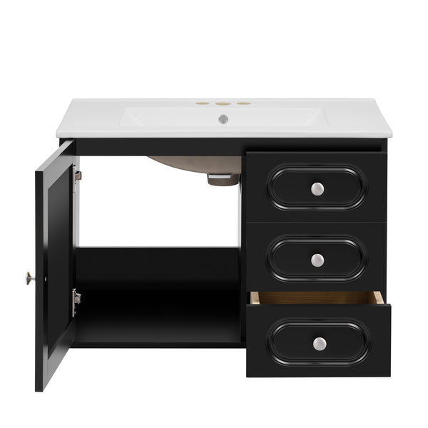 English Elm 30" Mid-Century Bathroom Vanity with Ceramic Sink, Rattan Accent, 2 Soft-Close Drawers, Large Storage Space N710P265954B