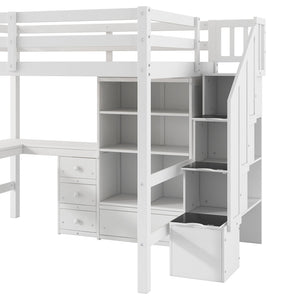 English Elm Full Full Size Loft Bed with L-Shaped Desk, Drawers, Cabinet and Staircase Storage for Space-Saving Rooms White GX000469AAK
