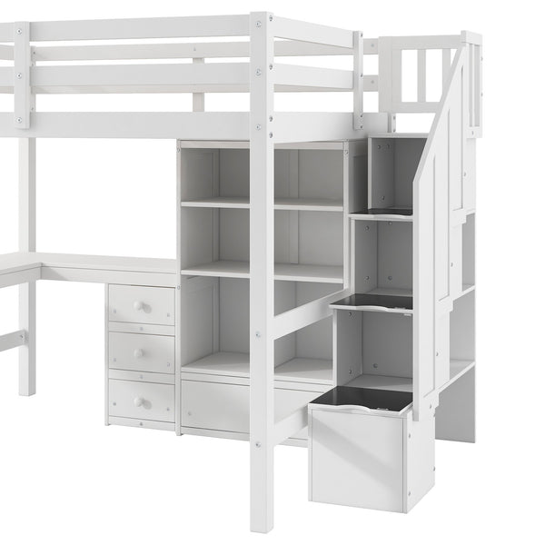 English Elm Full Full Size Loft Bed with L-Shaped Desk, Drawers, Cabinet and Staircase Storage for Space-Saving Rooms White GX000469AAK
