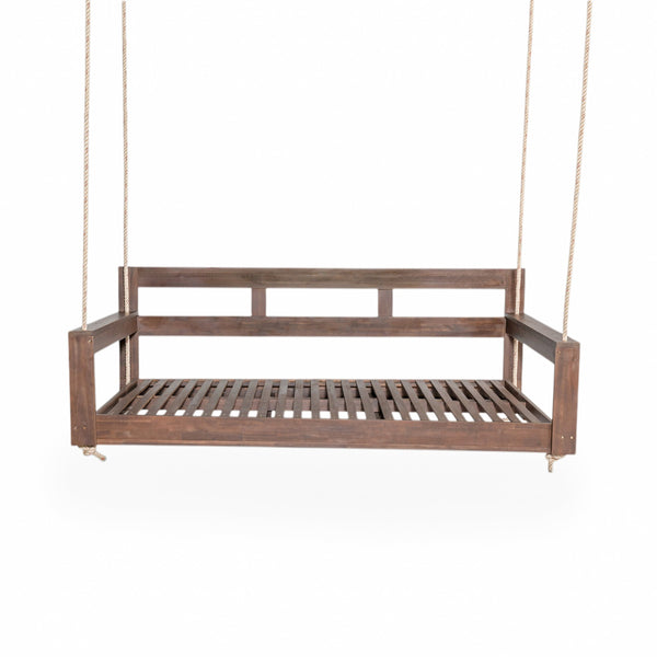 English Elm TOPMAX Acacia Wood Twin Porch Swing Bed Frame with High Back, 350lb Capacity & 118" Hemp Ropes Brown N717P265795D