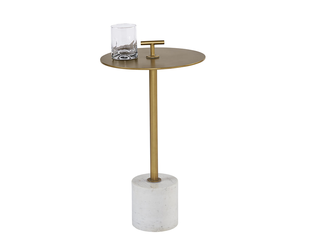 Sunpan Sia Sculptural End Table with Brass Top & White Volakas Marble Base - Perfect for Small Spaces!