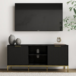 English Elm Modern Wave Door Media Console with Gold Legs Soft Close Hinges and Open Shelf W3151P407896