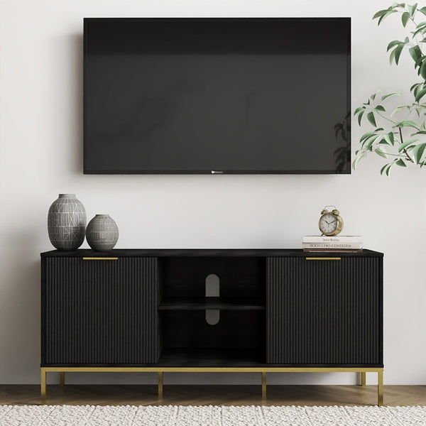 English Elm Modern Wave Door Media Console with Gold Legs Soft Close Hinges and Open Shelf W3151P407896
