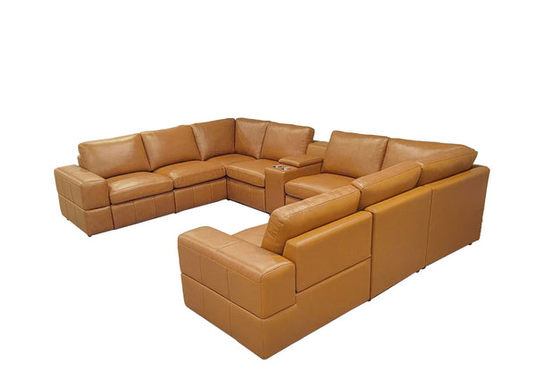 English Elm Premium Leather Match Sectional with Dual Recliners Console and Cup Holders Included Ginger B2748S00155