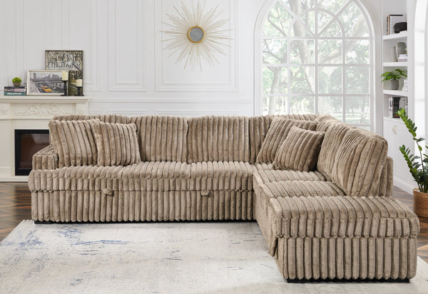 English Elm Corduroy L-Shape Sleeper Sofa with Storage Ottoman and Easy Pull-Out Bed Convertible for Living Room Brown W1417S00176