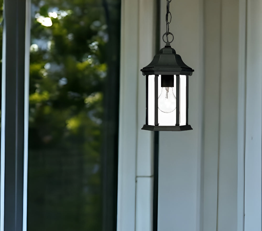 Homeroots 12" Narrow Matte Black Glass Lantern Hanging Light   398001