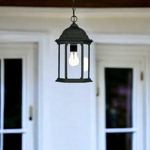 HomeRoots Matte Black Glass Lantern Hanging Light - Classic Colonial Design for Porch, Patio & Entryway Charm 398002