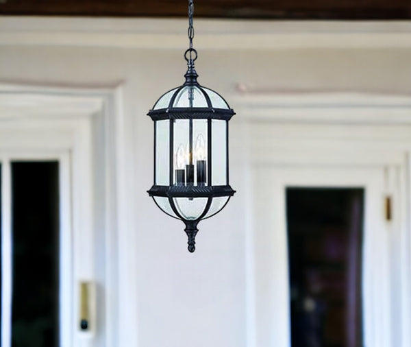HomeRoots Three Light Matte Black Eastern Lantern – Elegant Hanging Fixture for Porches, Patios & Gardens 398006