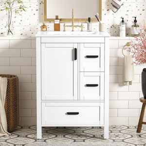English Elm Modern 24 Inch Bathroom Vanity Solid Wood Cabinet with Ceramic Sink and Soft Close Storage White N729P292859K