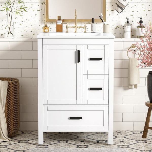 English Elm Modern 24 Inch Bathroom Vanity Solid Wood Cabinet with Ceramic Sink and Soft Close Storage White N729P292859K